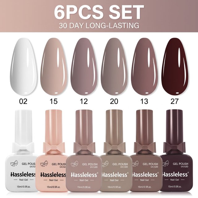 Hassleless 6-pack 15ml gel nail polish set, smooth and easy to apply, suitable for home DIY and nail salons, a complete set of gel nail polishes for autumn and winter manicures
