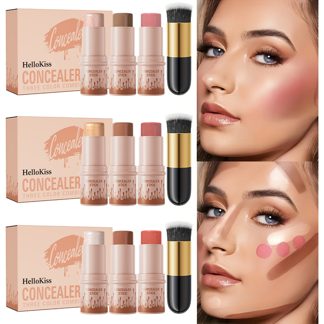 Contour Sticks, Highlighter Stick, Blush Stick, 3-Piece Cream Contour Set Including Contour Brush, Creates Facial Contours