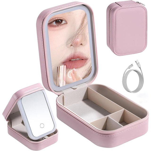 LED Makeup Bag With Mirror for women Portable Cosmetic Storage Bag Small Lipstick Brush Wireless Makeup Box With Light
