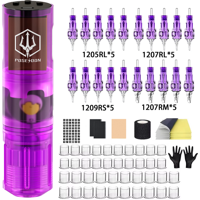 Tattoo Kit POSEIDON High Power Tattoo Pen Kit For Permanent Makeup Tattoo Machine Kit Hot Purple Tattoo Power Supply Tattoo Gun