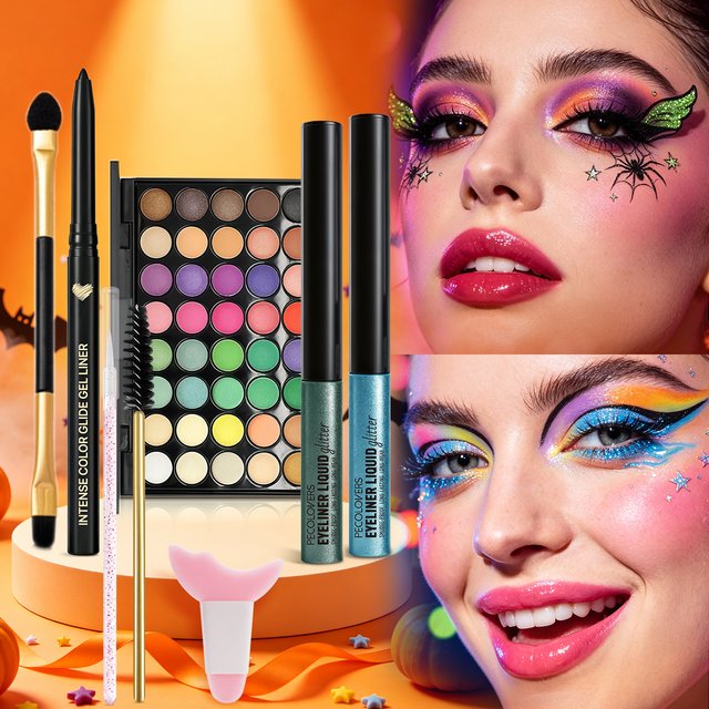 8PCS Face Set, Multi-color Eye Shadow Plate+eye Black+eyeliner Pen+makeup Tools, Waterproof and Durable, Halloween Makeup