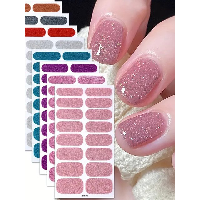 8 Sheets of Full-Wrap Nail Polish Strips, Pink Glitter Self-Adhesive Gel Nail Stickers, Suitable for women's DIY Home Use Nail Art Supplies and Nail Kits
