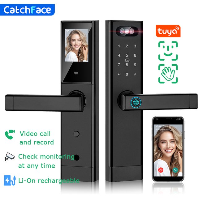 Facial Recognition Video call Automatic Door Lock TUYA Front Door Fingerprint Smart Lock Digit Camera Visible Inner Screen