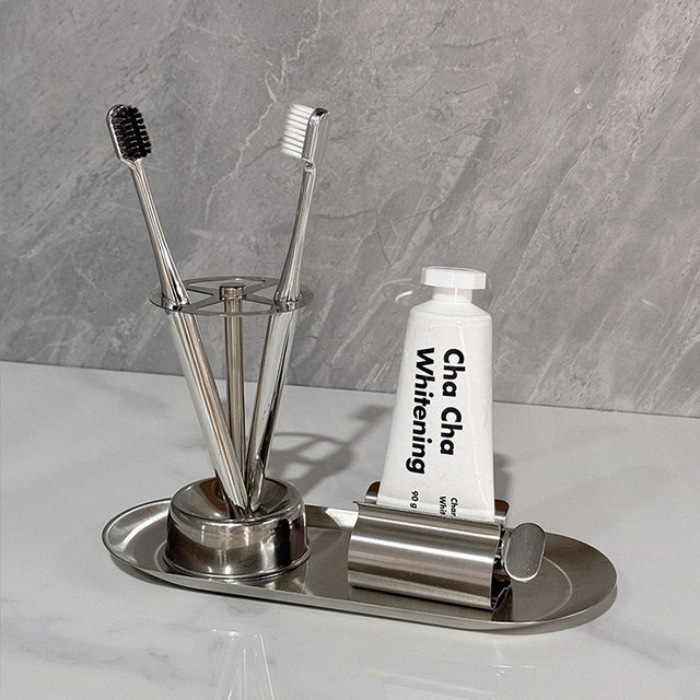 Stainless Steel Toothbrush Toothpaste Holder Wall Mounted Bathroom Rack Storage Organizer Cup No Drill Countertop Kitchen