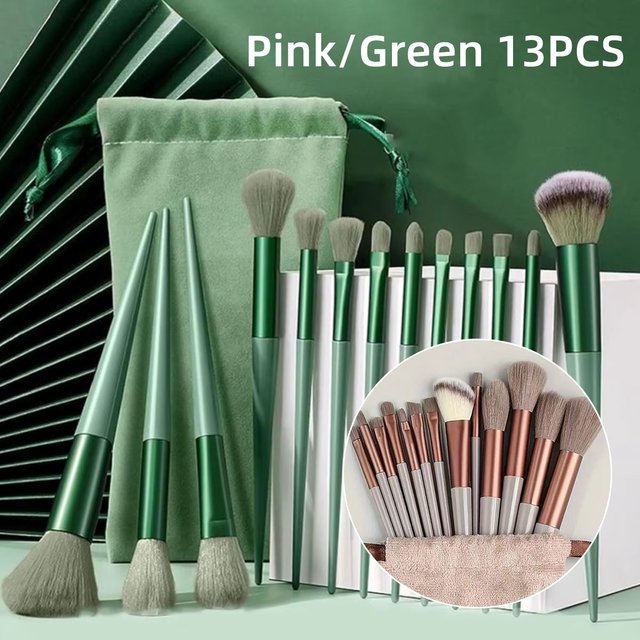 13PCS Pink/Green Makeup Brush Set Soft And Fluffy Makeup Powder Eye Shadow Makeup Tools Storage Bag Makeup Essential Portable