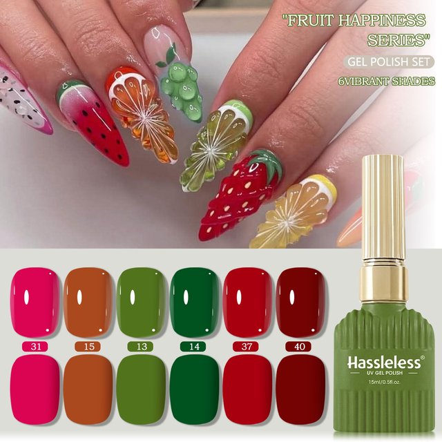 Hassleless 6-Color Summer Fruit Paradise Gel Nail Polish Set. Removable UV/LED gel polish, highly saturated, designed for nail