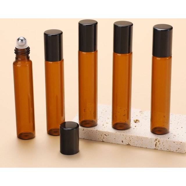 5 bouteilles d'huile essentielle en verre rechargeables, bouteille en verre ambré, bouteille de parfum à bille roulante, rouleau de voyage creux à bille en acier inoxydable