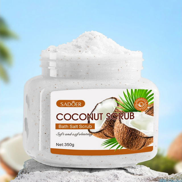 350g Coconut Scrub Is Rich in Skin Care Ingredients Such as Walnut Shell Powder, Glycerin, and Coconut Extract, with a Fresh Coconut Scent. It Contains Gentle and Fine Scrub Particles That Deeply
