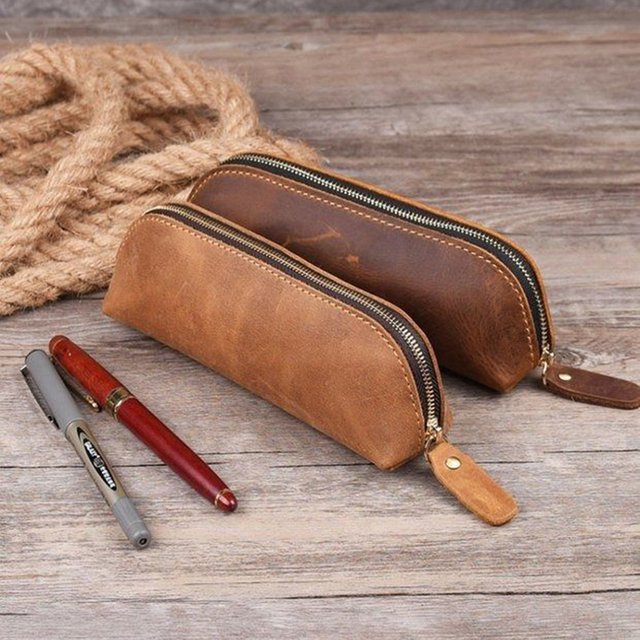 Vintage Pen Case Storage Simple Pen Case Pen Zipper Bag Faux Leather Small Travel Makeup Cosmetic Bag Vintage Coffee Pen Bag