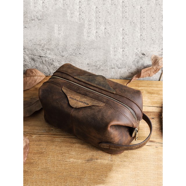 CONTACT'S Men Hanging Cosmetic Bag Crazy Horse Leather Travel Makeup Case Zipper Organizer Storage Pouch Vintage Toiletry Bags