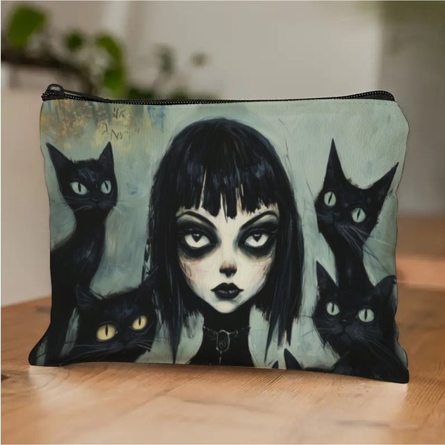 Halloween Art Makeup Bag Gothic Girl & Black Cats Print Durable Zipper Travel Organizer Toiletries Gift for Dark Art Lovers
