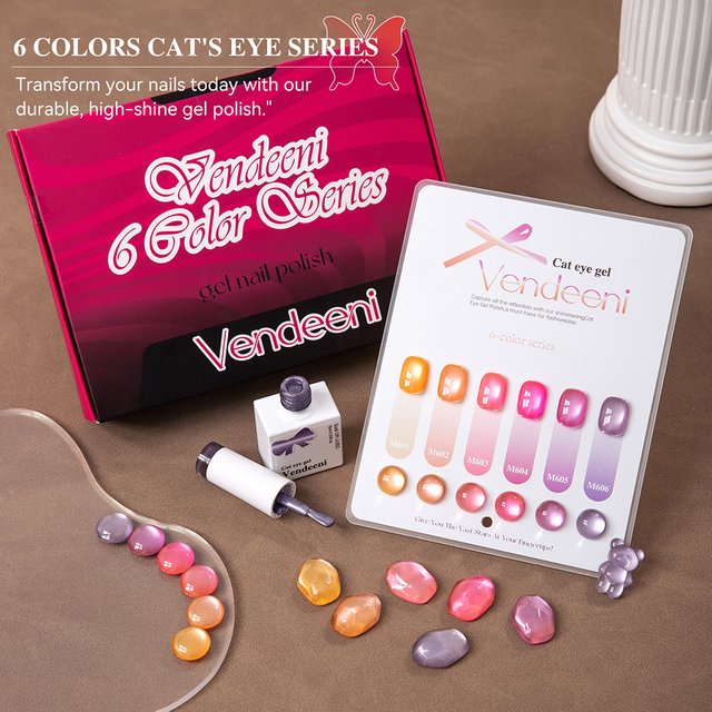 Vendeeni 6 Colors/Set Dreamy Purple Pink Crystal Cat Eye Gel Nail Polish Magnetic Glass Beads UV LED Gel Varnish With Display