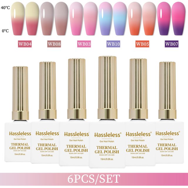 Hassleless 6-Piece Set of 15ml Thermochromic Gel Nail Polish - Requires LED Light Curing, Heat and Cold Responsive, Color Change