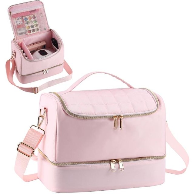 E8BD Large Size Detachable Cosmetic Organizers Double Compartments Durable Polyester Polishes Accessories Bag