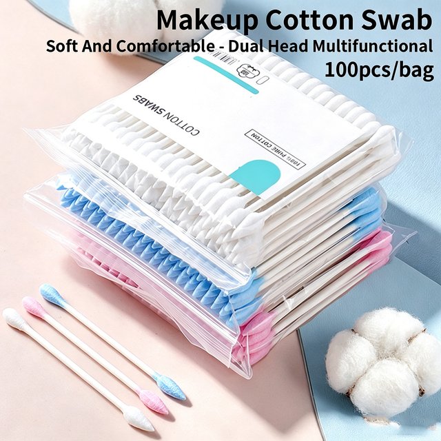 Portable 100Pcs Cotton Swabs Dual Tip Round & Pointed Paper Stick Cosmetic Ear Cleaning Cotton Buds Household
