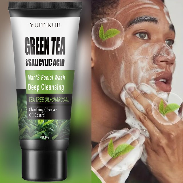 YUITIKUE Men's Facial Wash 60g - Green Tea & Salicylic Acid, Deep Cleansing, Oil Control, Tea Tree & Charcoal, for men