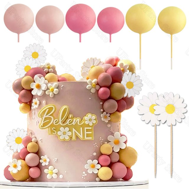 50 pièces Boho décoration de gâteau Blush rose jaune boules marguerite fleurs décoration de gâteau