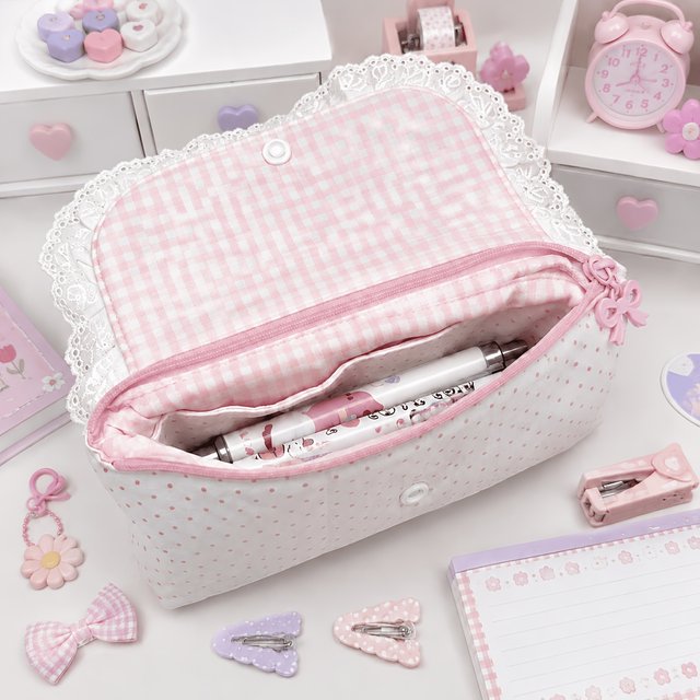 1 Piece Pink Plaid Lace Storage Bag with Polka Dot Bow, Cute and Stylish Flip-Top Makeup Bag for Girls, Middle School Students' Storage Bag, Pencil Case