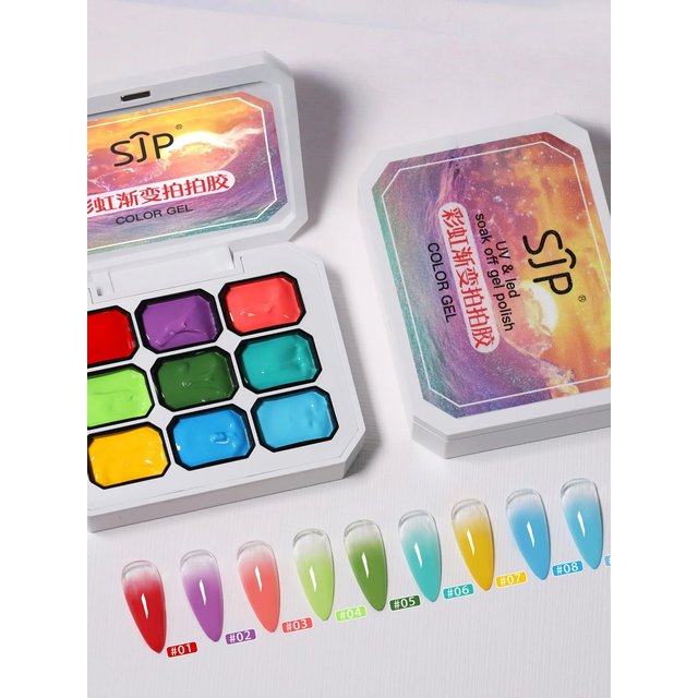 Rainbow Gradient Solid Nail Polish Gel, Colorful Manicure Jelly 9 Grid, Fashion LED Washable Gel, Creamy Texture, Salon Quality