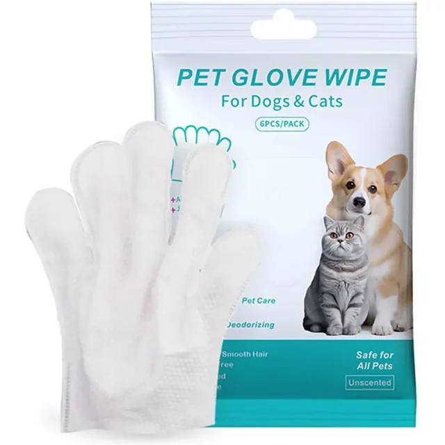 Lingettes de nettoyage pour animaux de compagnie, Extra épaisses, non parfumées, pour chiens et chats, lavage des chiens, bain, désodorisant, gants de toilettage pour soins quotidiens, 6 pièces