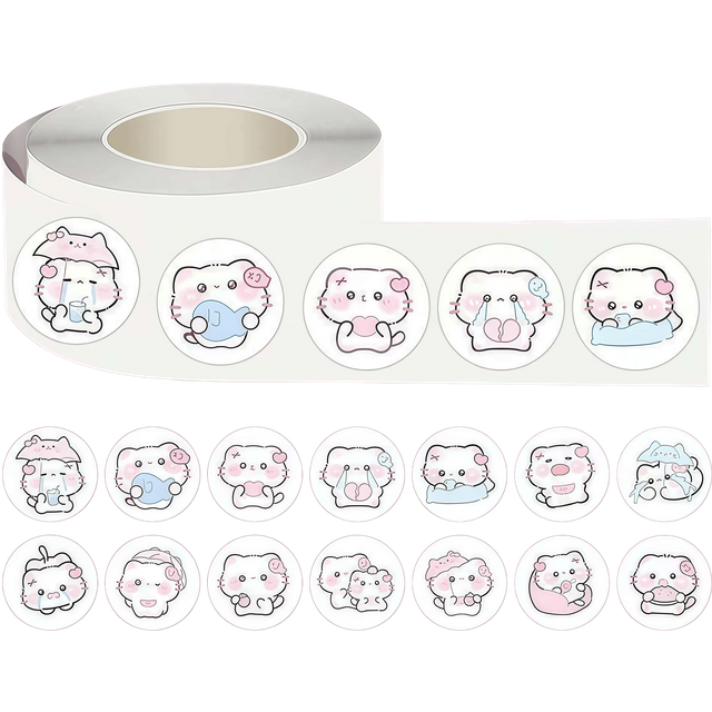500Pcs Cute Pink Blush Kitten Sticker Roll, Soft Pastel Multi‑Expression Cat Decals for Journaling, DIY Crafts & Package Sealing