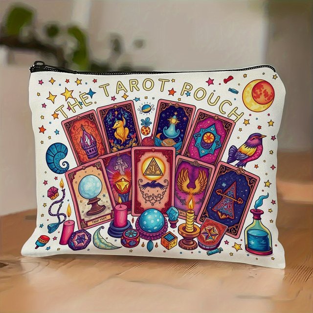 Colorful Tarot Card Pattern Cosmetic Bag - Portable Makeup & Toiletry Organizer With Vibrant Astrological Design