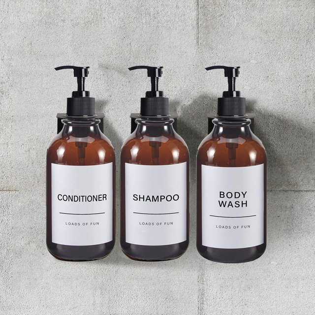 Distributeur de savon avec étiquettes de 500ml, rechargeable, Gel douche, plateau de bouteilles de