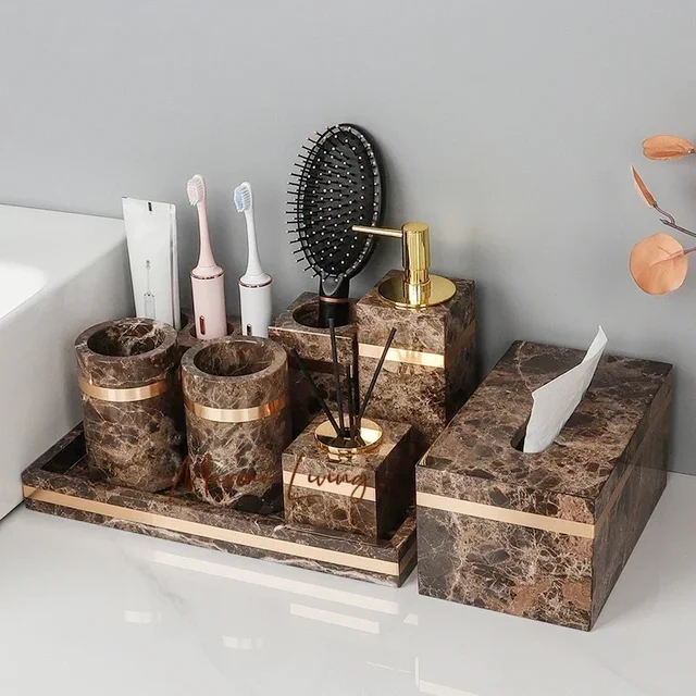 1set Emperador Dark Natural Marble Bathroom Set Luxury Stone Toothbrush Holder Tooth Mug Soap Dispenser Bathroom Accessories