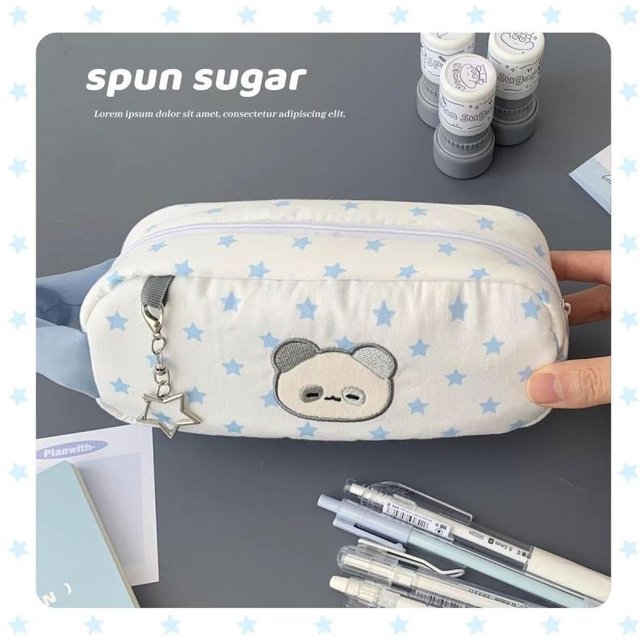 Cute Blue Star Bear Pencil Case Cartoon Bear Pencil Bag Makeup Bag Large Capacity Stationery Storage Bag Student School Supplies