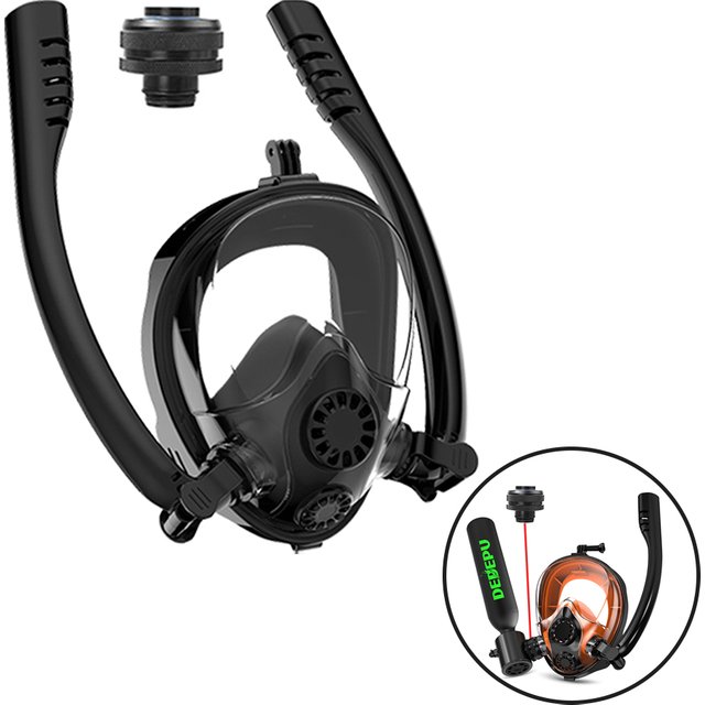DEDEPU Snorkelling Full Face Mask 180° Double Hose Breathing Separate Panoramic Camera Mount Silicone Lining with Adapter