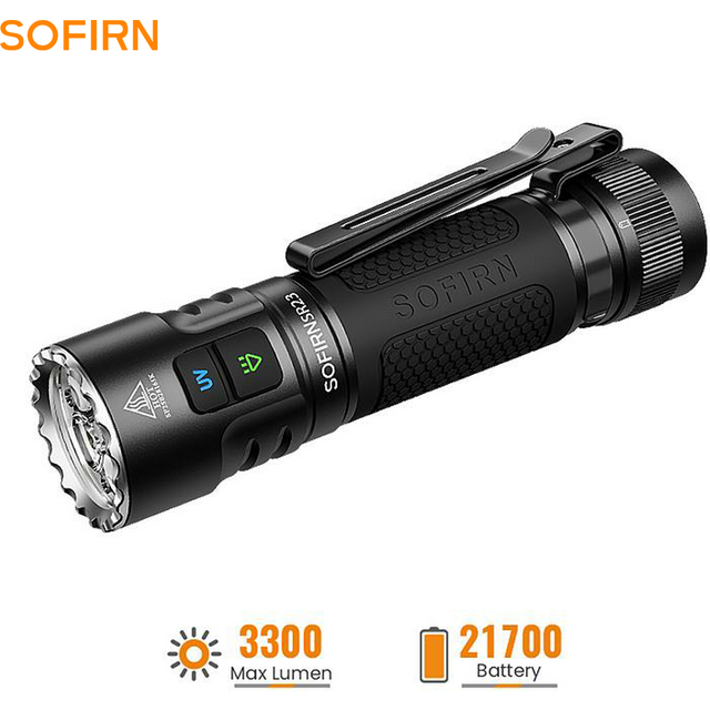 Lampe torche SOFIRN SR23 3300LM 6500K UV 365nm EDC, rechargeable par USB-C, double interrupteur, avec capuchon magnétique, compatible batterie 21700