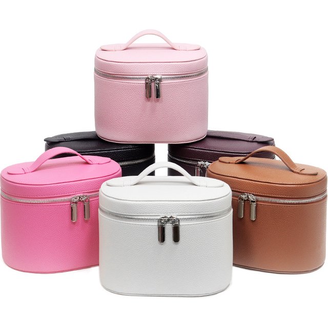 PU leather cosmetic bag, cylindrical hand-held storage bag, large-capacity multi-functional, lychee pattern cosmetic box