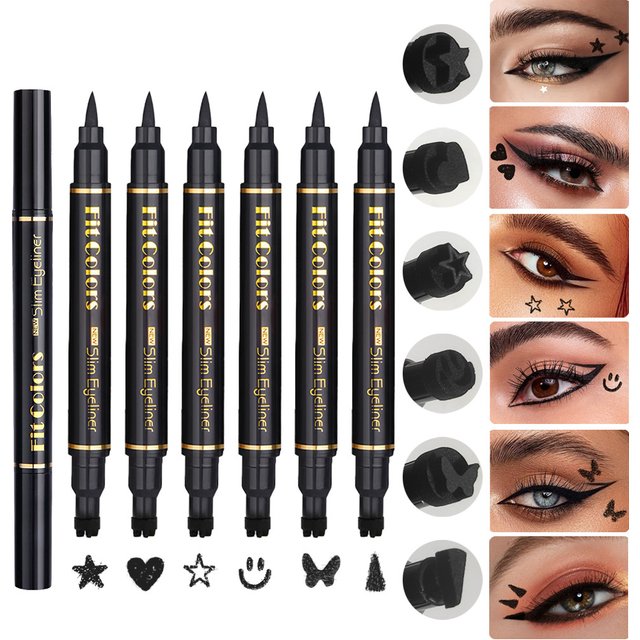 6PCS Stamp Liquid Eyeliner Set Waterproof Fast Dry Double-ended Black Heart Star Seal Eye Tail Eye Liner Extension Makeup Kit