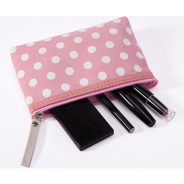 Cute Polka Dot Canvas Makeup Bag Women Portable Cosmetic Storage Pouch Zipper Travel Toiletry Bag Pencil Case Organizer
