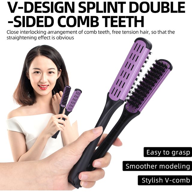 Double Sided Hair Straightener Comb & Styling Brush 2 in 1 Natural Wood Styling Tool for women Frizz Free Sleek Hair