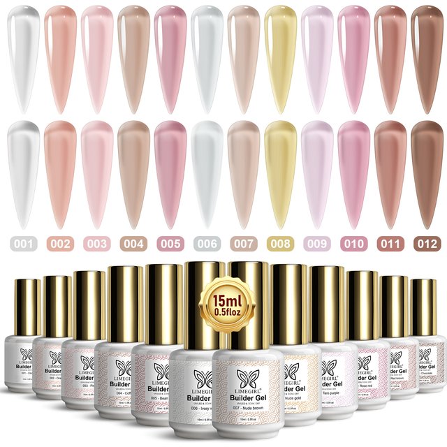 LIMEGIRL 15ml Builder Nail Gel 12 Colors Gel Nail Polish for Nail Apex & Extension Strengthener Upgraded UV Gel Rhinestone Glue