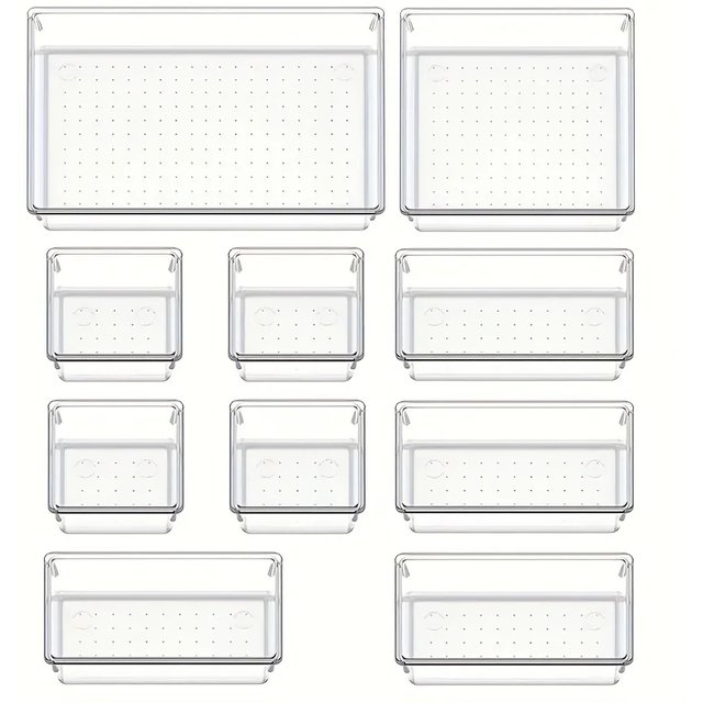 10-Piece Versatile Drawer Organizer Set - Clear Plastic Trays and Dividers in 4 Sizes for Perfect Makeup and Kitchen Storage