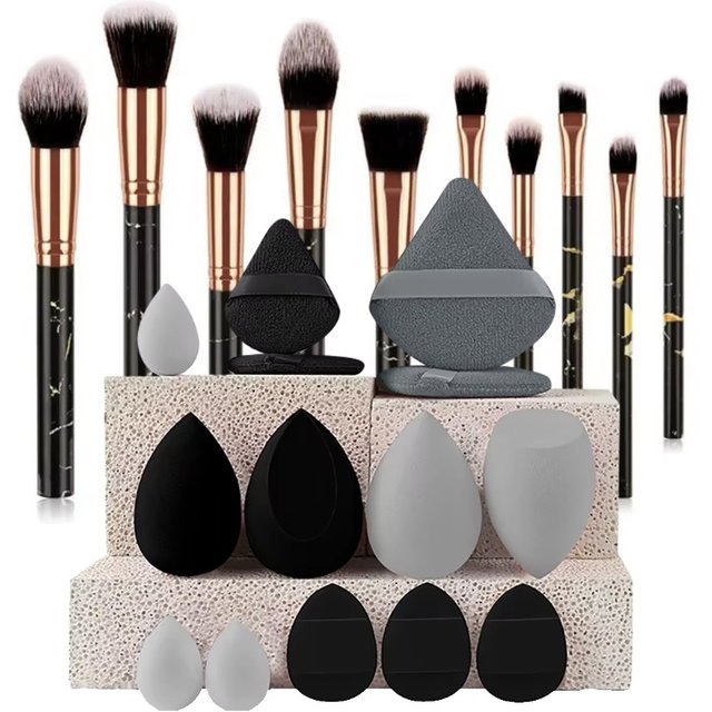 10Pcs Marble Makeup Brushes Face Eye Base Blush Brow Synthetic Brush With Sponge Flocking Puff Cosmetic Tools Daily Make Up Kit