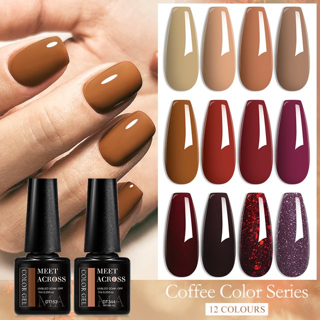 MEET ACROSS 7ml Coffee Color Series Gel Nail Polish Brown Red Crystal Glitter Soak Off UV Gel Polish Nail Art Manicure Varnishes