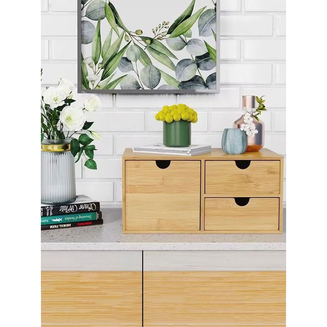 Retro Bamboo Desk Organizer with 3 Drawers, Multi-Functional Desktop Storage Box for Home Office Makeup