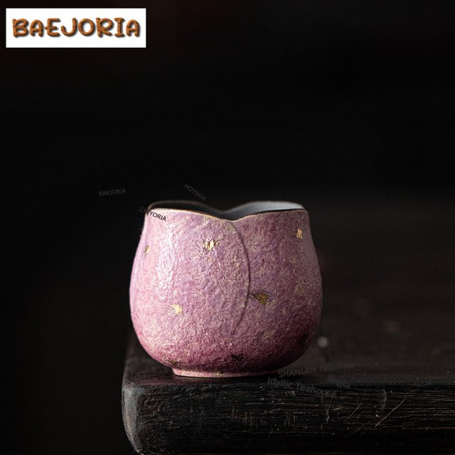 Tasse à thé de 90 ml avec or saupoudré et bourgeons violets, Bol à thé de boutique, Paire de tasses à thé, Tasse de dégustation de parfum, Tasses de maître Chazhan, Fournitures pour service à thé