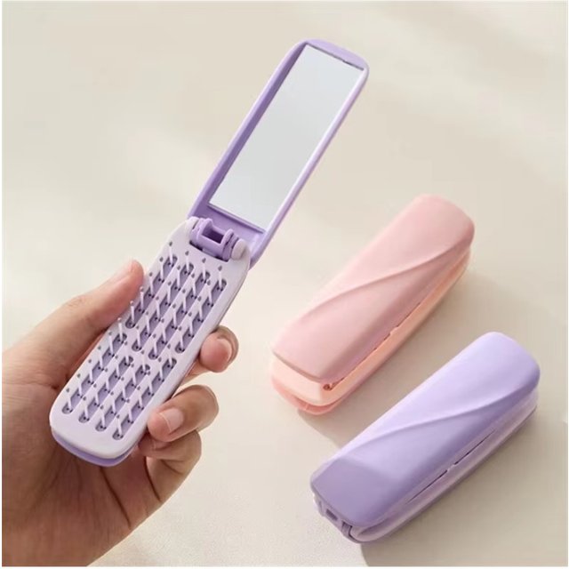 Self‑Cleaning Folding Hair Brush with Mirror, Portable Rectangle Detangling Hair Comb for women, Travel Hair Styling Accessory