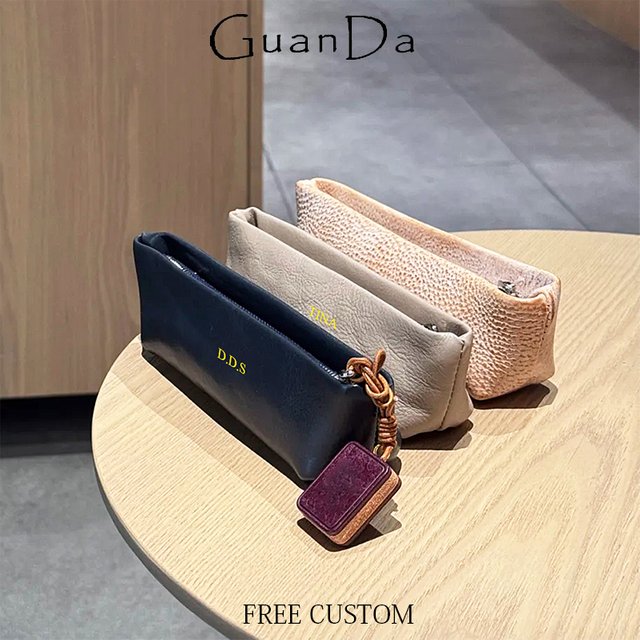 Engrave Name Zipper Business Pen Bag Large Capacity Cowhide Pencil Case Personalized Student Pen Pouch Purse Cosmetic Bag Wallet