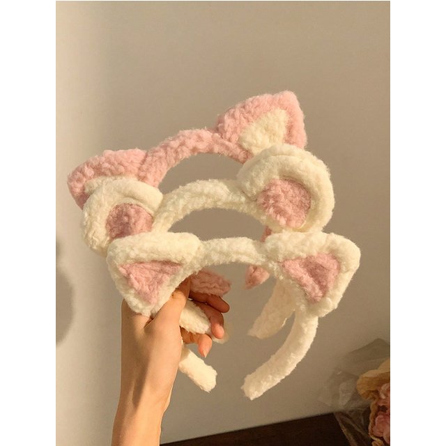 1pc Pink Cat Ear Plush Bear Face Wash Headband for women, Makeup Tool And Facial Mask Hairband, Cute Hair Tie