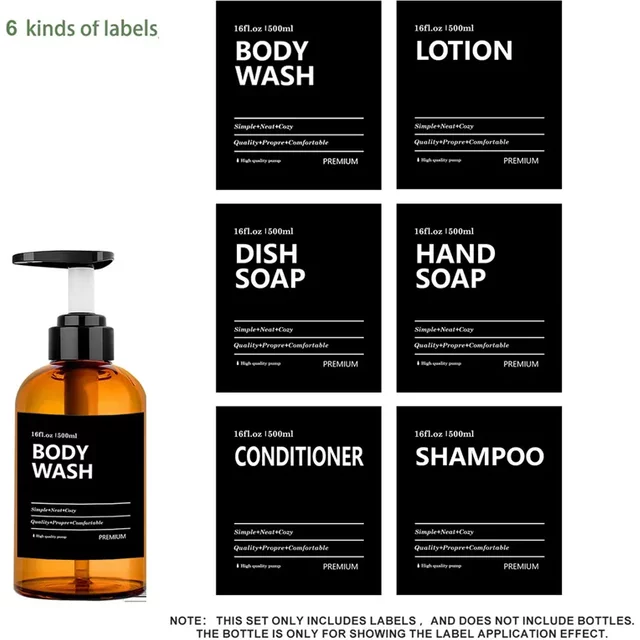 Soap Dispenser Labels Waterproof Black Lotion Label Shampoo Conditioner Body Wash Bathroom Shower Bottle Sticker 6 PCS