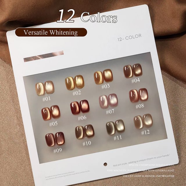 WS 12-Color 10ML Birth Champagne Gold Strobe Glass Bead Cat Eye Magnet Gel Nail Polish Autumn Nails Brown Nails Maillard Cat Eye