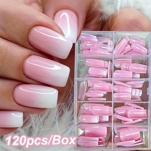 120pcs Pink Blusher Gradient French Fake Nails Medium Coffin High Gloss Pink White Simple Press On Fake Nails for women Party#%