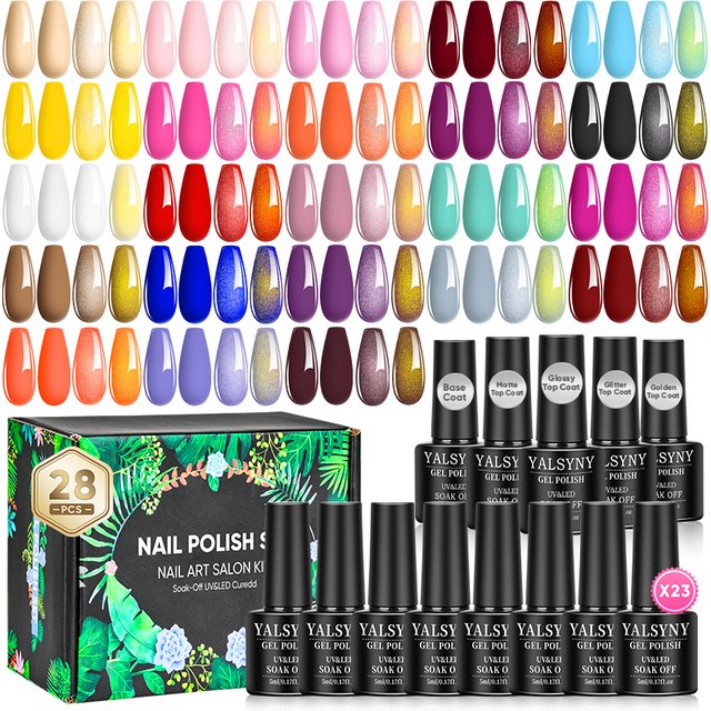 28‑Piece Soak‑Off UV LED Gel Nail Polish Set, With Base,Matte,Glossy,Golden,Glitter Top Coat, DIY Home Salon Manicure for women