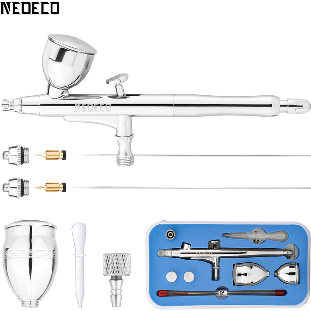 Dual-Action Airbrush With Auto-Centering Nozzle, 7cc 13cc Cups, 0.2/0.3/0.5mm needle for Modeling Makeup Nail Art Painting Tool