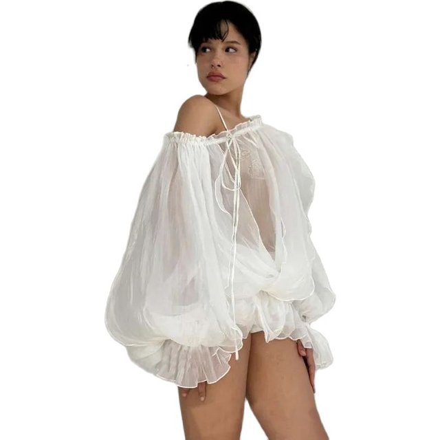 OSEN-Summer Sunscreen Tie Up Cardigan Solid White Women Long Sleeve Open Front Ruffles Sheer Mesh Shirt Blouse Beach Streetwear